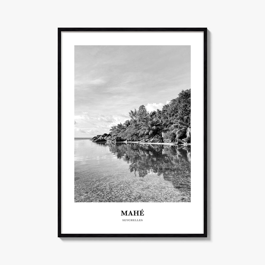 Mahé black & white classic poster of Seychelles – vertical wall art, unframed print shown in interior mockup