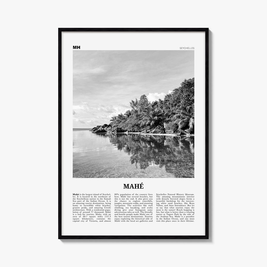 Mahé black & white newspaper poster of Seychelles – vertical wall art, unframed print shown in interior mockup