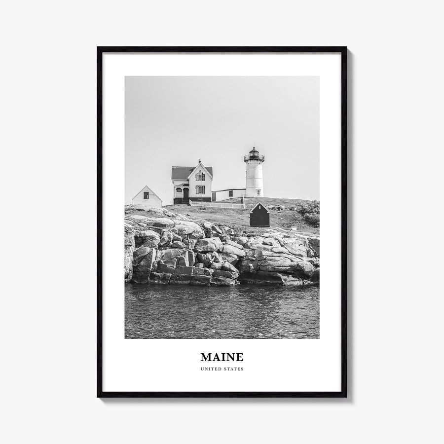 Maine black & white classic poster of United States – vertical wall art, unframed print shown in interior mockup