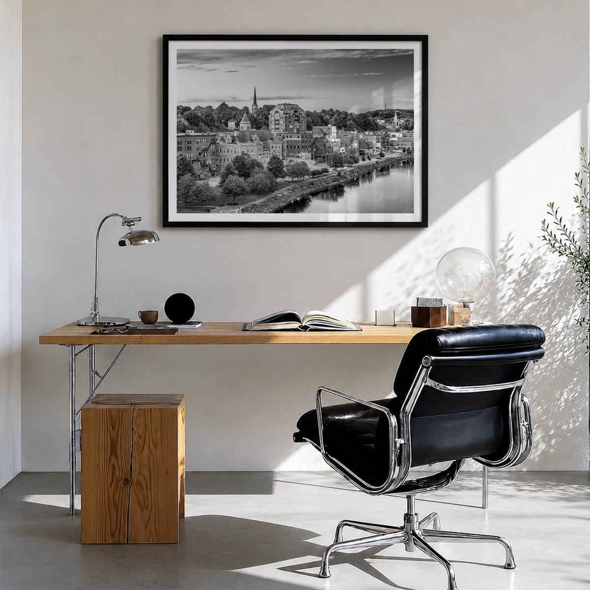 Maine black & white photo poster of United States – horizontal wall art in black wood frame with white border, hanging on wal