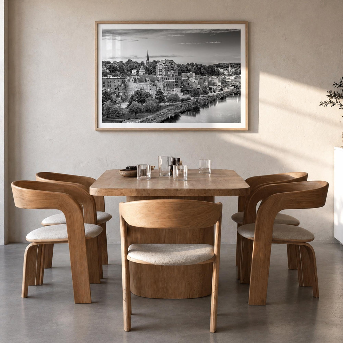 Maine black & white photo poster of United States – horizontal wall art in natural wood frame with white border, hanging on w