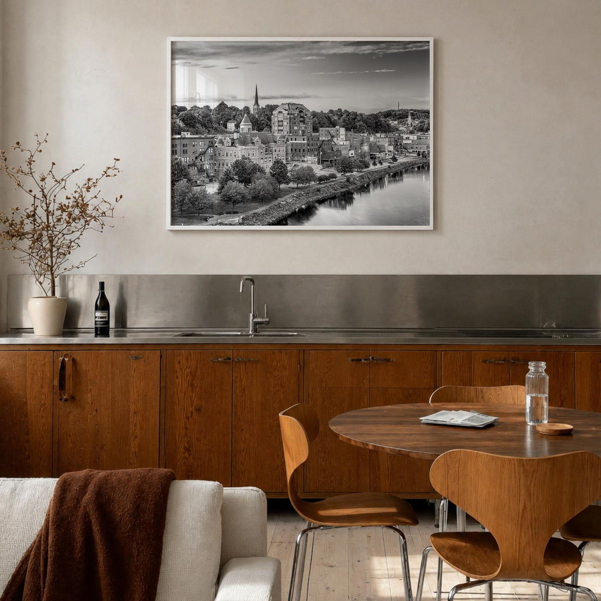 Maine black & white photo poster of United States – horizontal wall art in white wood frame, hanging on wall