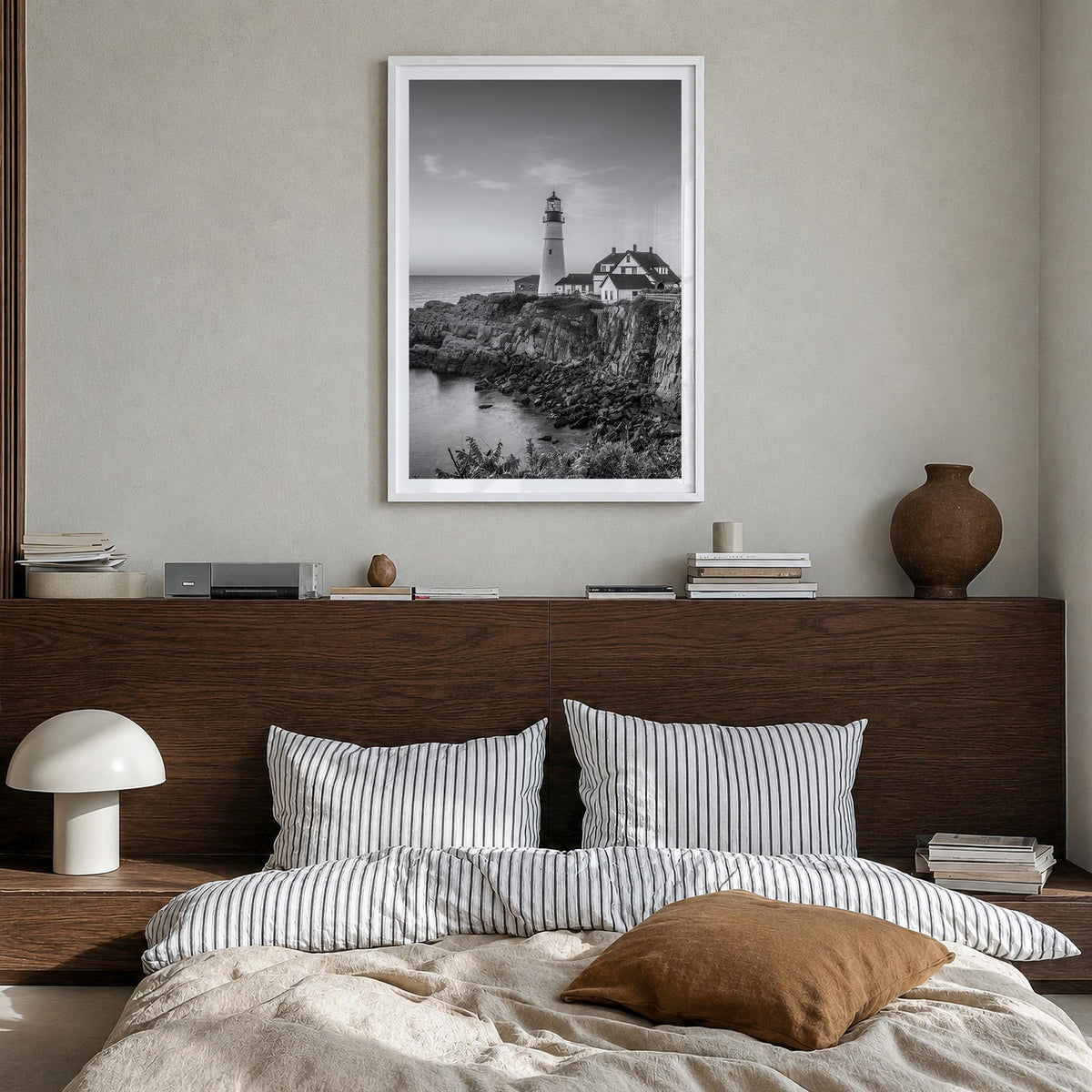 Maine no. 1 black & white photo poster of United States – vertical wall art in white wood frame with white border, hanging on