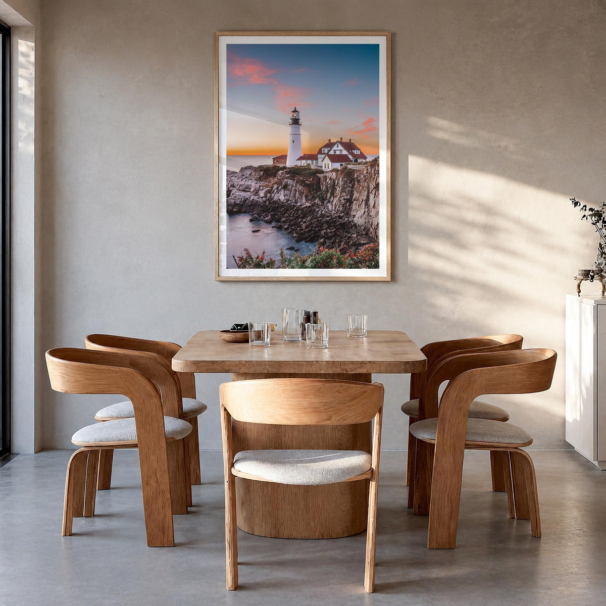 Maine no. 1 colorful photo poster of United States – vertical wall art in natural wood frame with white border, hanging on wa