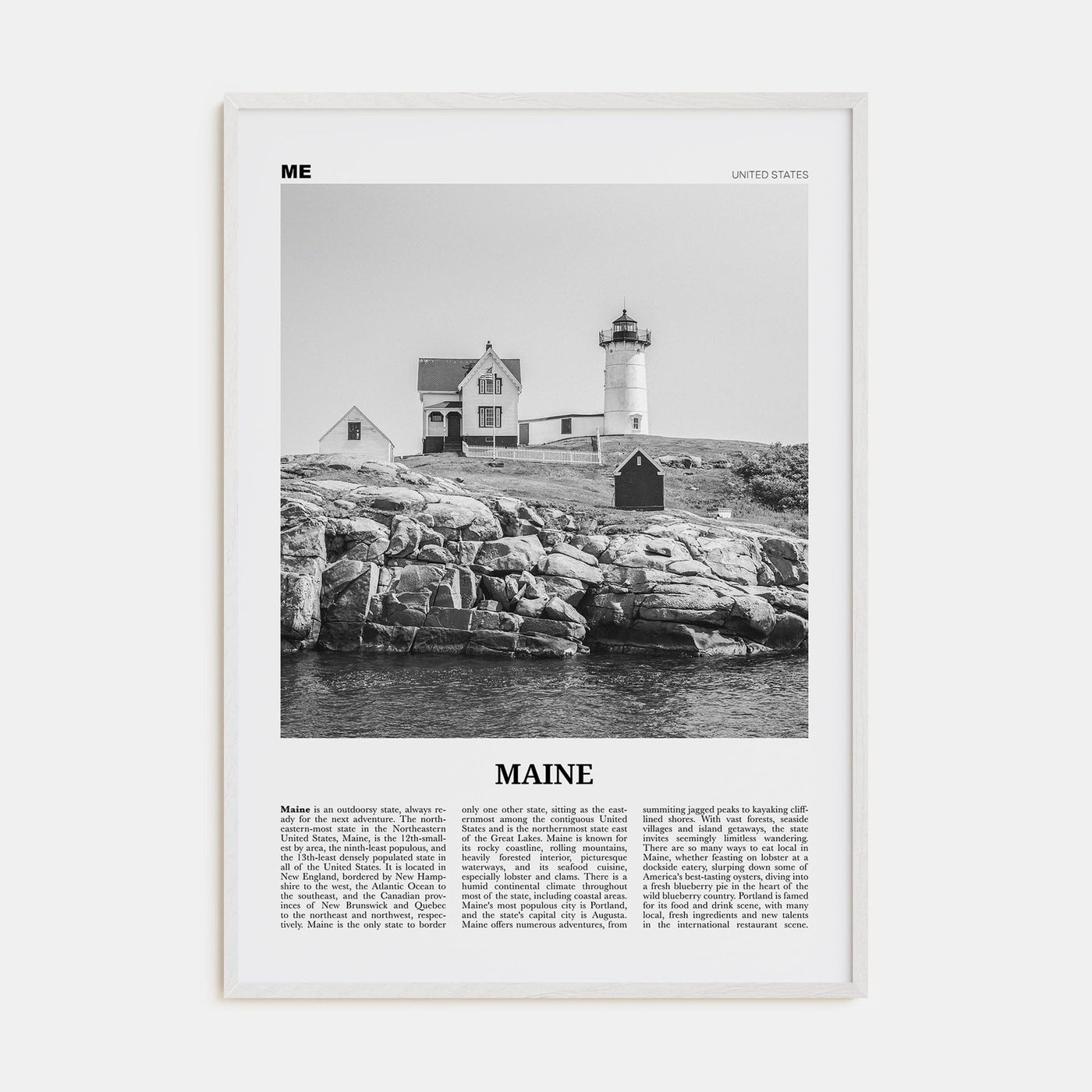 Maine No 1 Poster White Wood / 8x12 in Nbourhood Travel B&W Poster