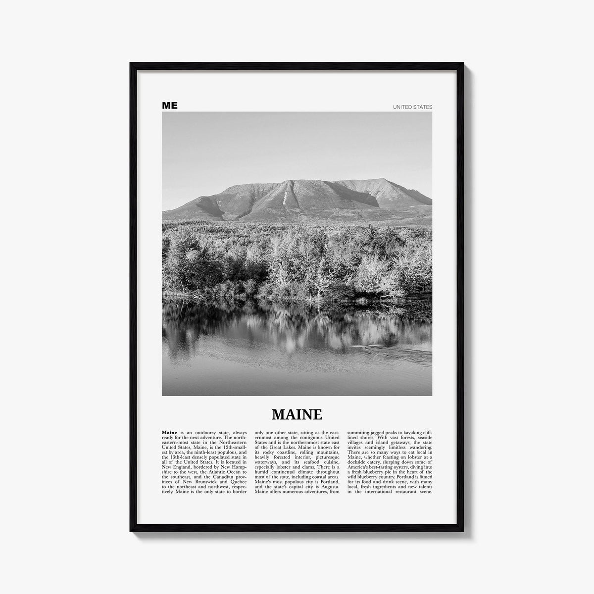 Maine no. 2 black & white newspaper poster of United States – vertical wall art, unframed print shown in interior mockup