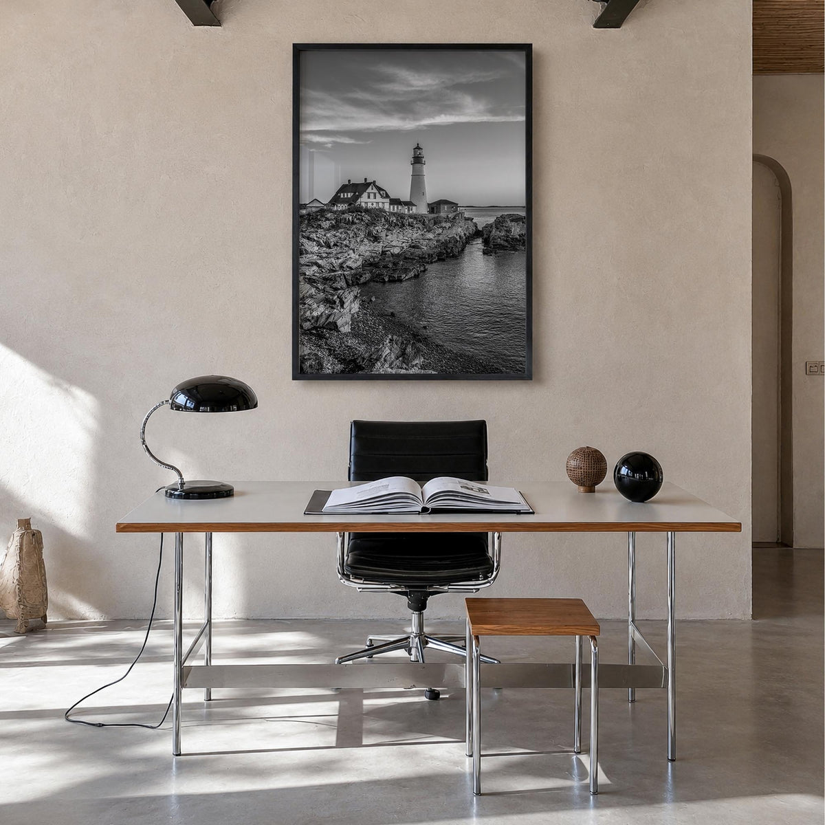 Maine no. 2 black & white photo poster of United States – vertical wall art in black wood frame, hanging on wall