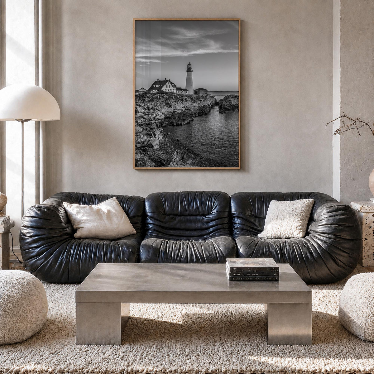 Maine no. 2 black & white photo poster of United States – vertical wall art in natural wood frame, hanging on wall