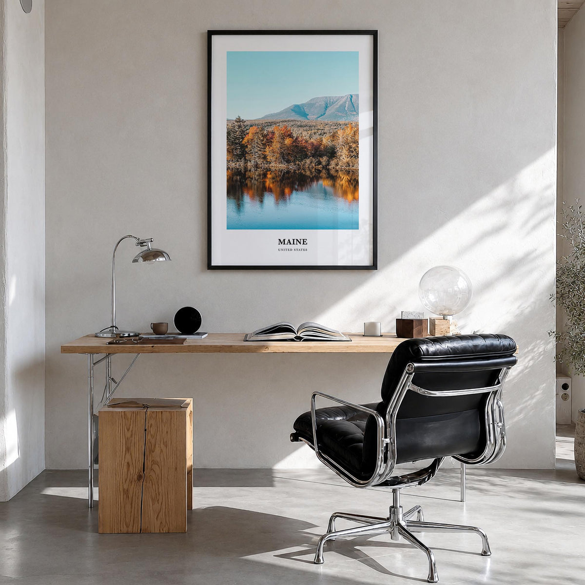 Maine no. 2 colorful classic poster of United States – vertical wall art in black wood frame, hanging on wall