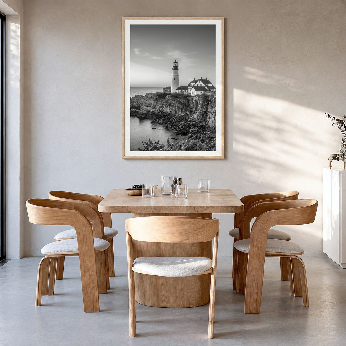 Maine Photo No 1 Poster in a natural wood frame, hanging in a dining room, white border