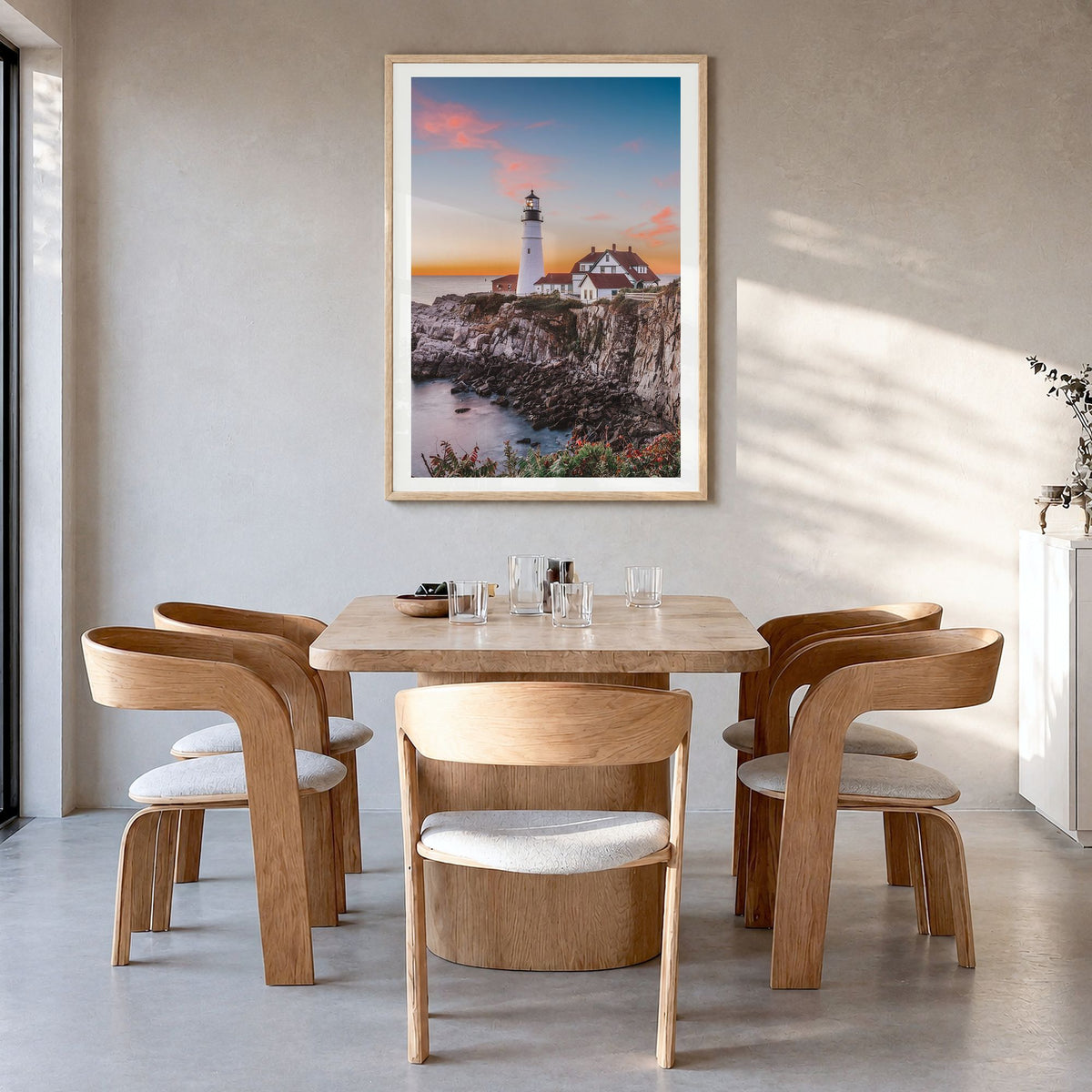 Maine Photo No 1 Poster in a natural wood frame, hanging in a dining room, white border