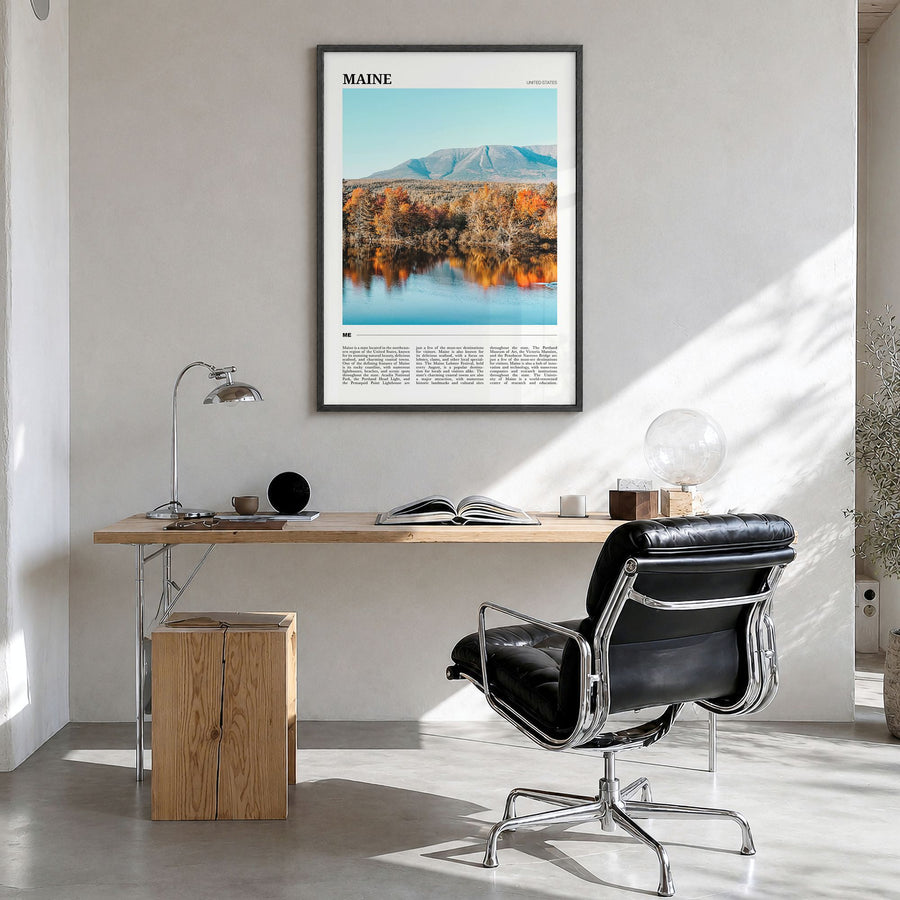 Maine Travel No 2 Poster in a black wood frame, hanging in a bright home office