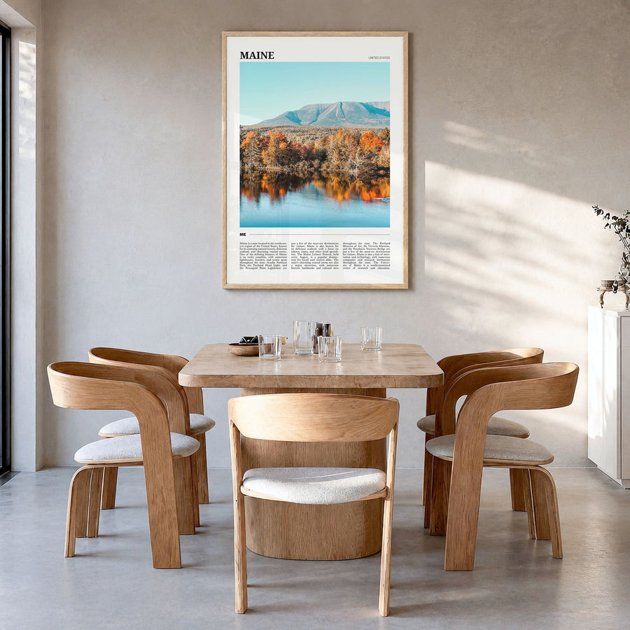 Maine Travel No 2 Poster in a natural wood frame, hanging in a dining room
