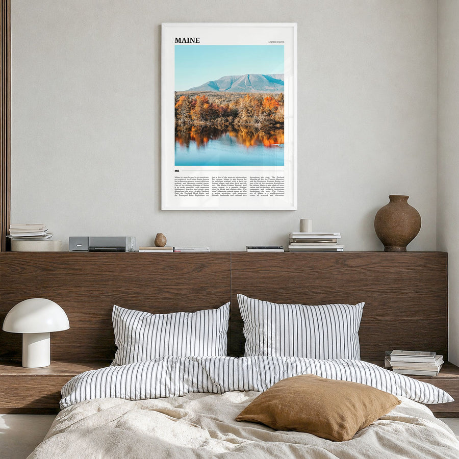 Maine Travel No 2 Poster in a white wood frame, hanging in a bedroom