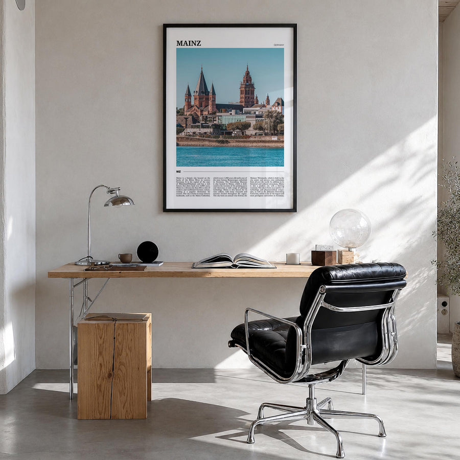 Mainz colorful travel poster of Germany – vertical wall art in black wood frame, hanging on wall