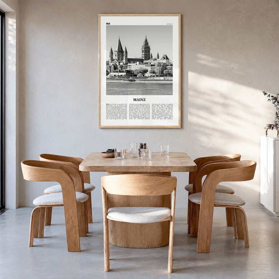 Mainz Newspaper Poster in a natural wood frame, hanging in a dining room