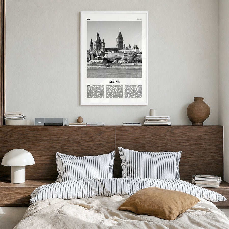 Mainz Newspaper Poster in a white wood frame, hanging in a bedroom