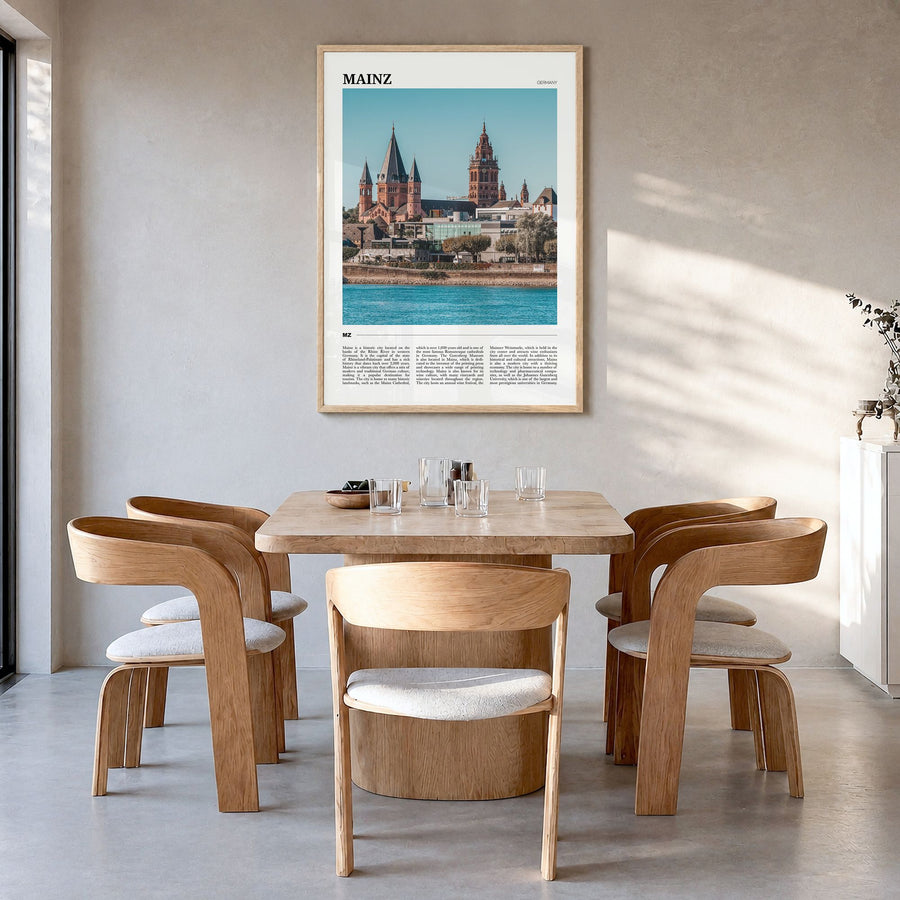 Mainz Travel Poster in a natural wood frame, hanging in a dining room