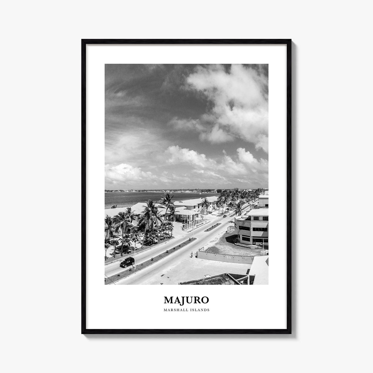 Majuro black & white classic poster of Marshall Islands – vertical wall art, unframed print shown in interior mockup