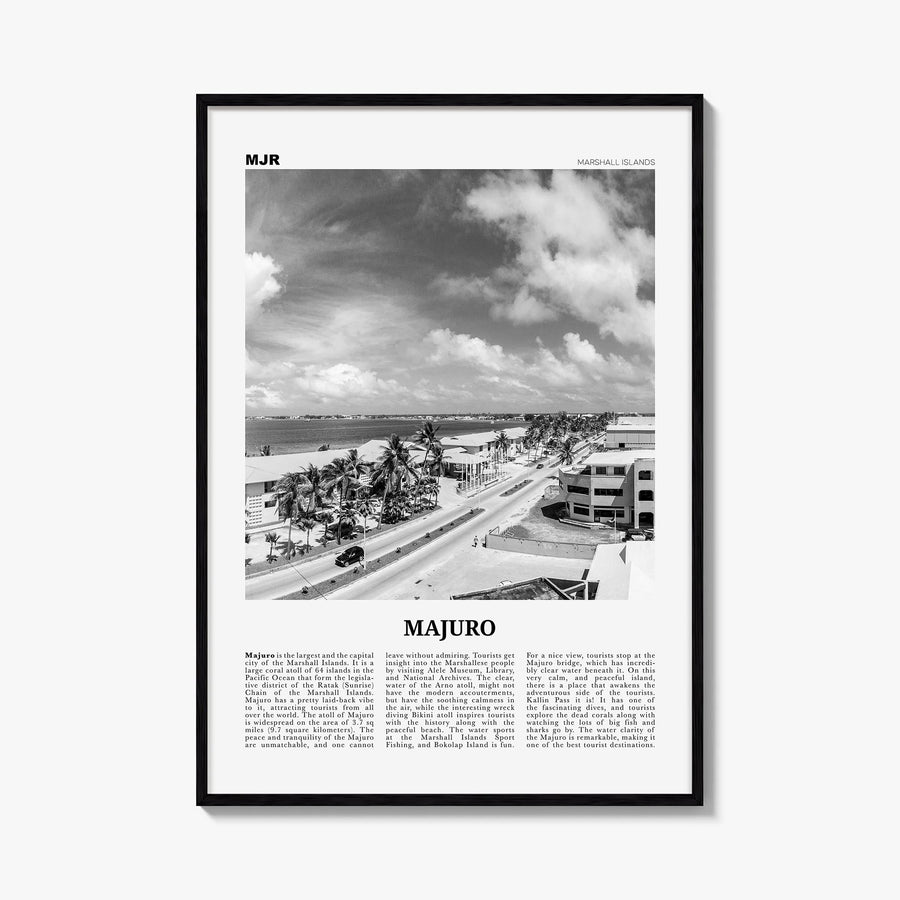 Majuro black & white newspaper poster of Marshall Islands – vertical wall art, unframed print shown in interior mockup