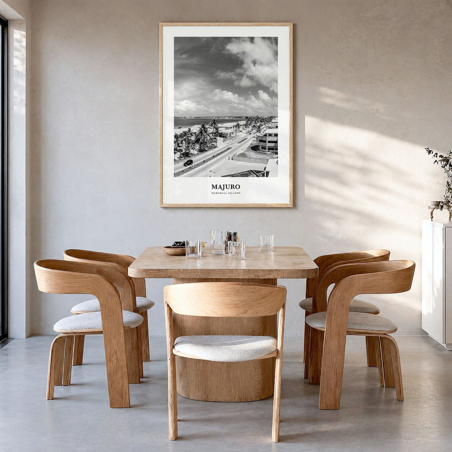 Majuro Classic Poster in a natural wood frame, hanging in a dining room