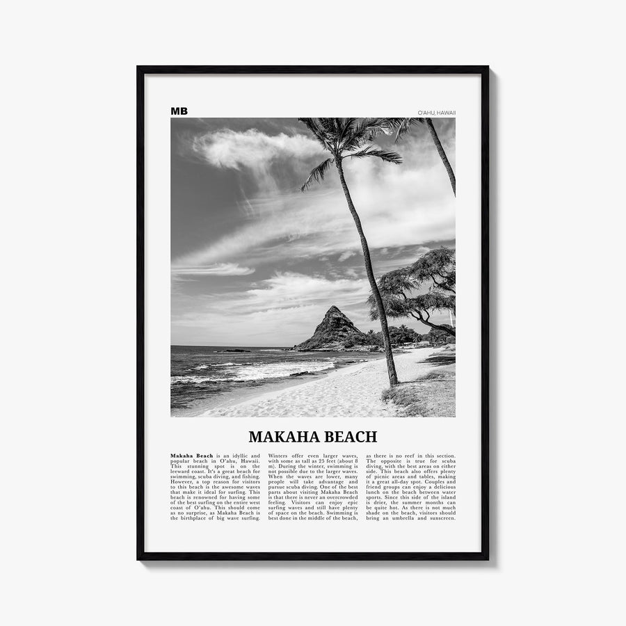 Makaha Beach black & white newspaper poster of Hawaii, USA – vertical wall art, unframed print shown in interior mockup