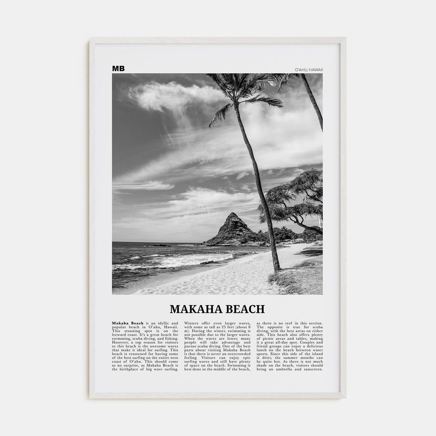 Makaha Beach Poster White Wood / 8x12 in Nbourhood Travel B&W Poster