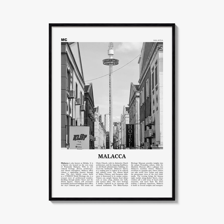 Malacca black & white newspaper poster of Malaysia – vertical wall art, unframed print shown in interior mockup