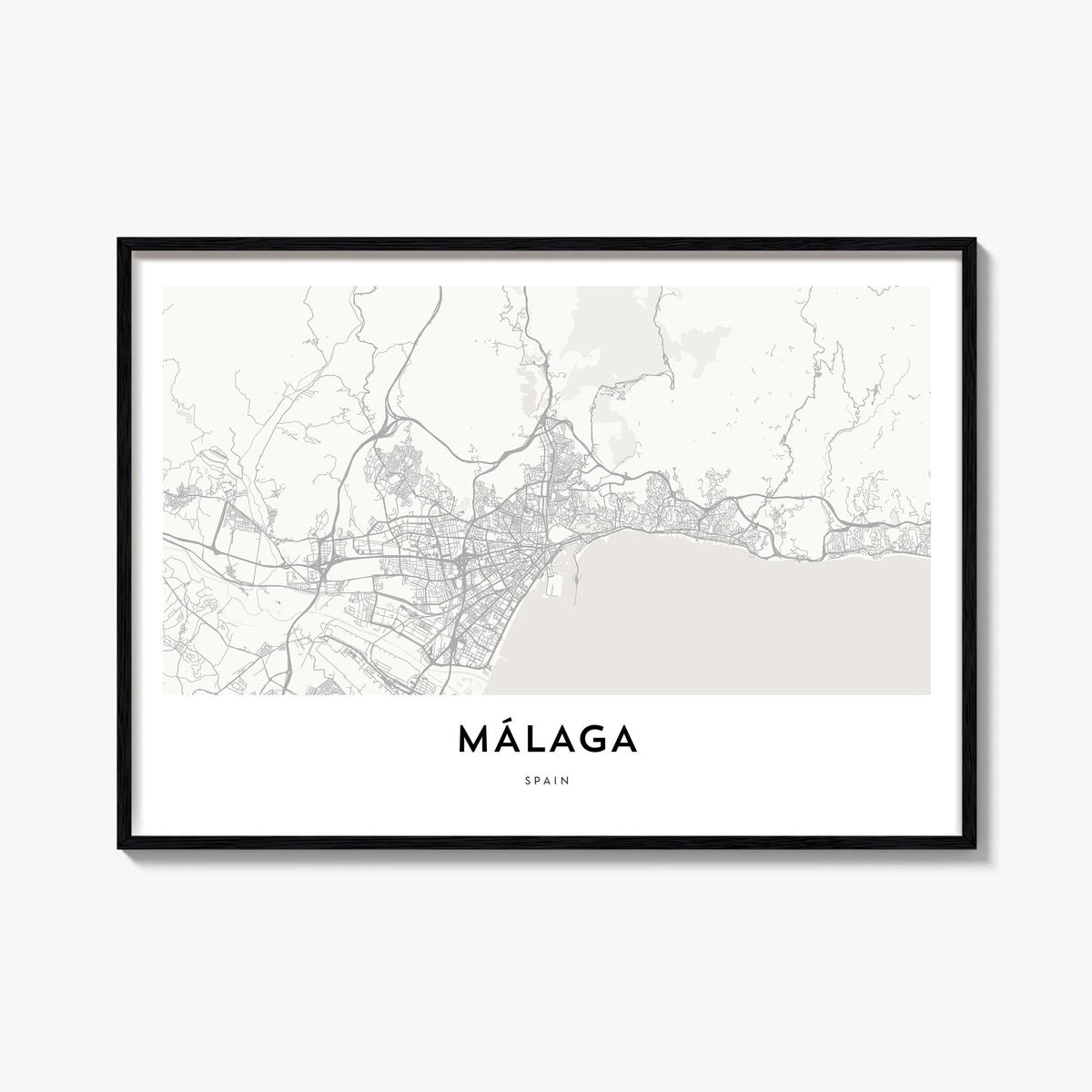 Málaga black & white map poster of Spain – horizontal wall art, unframed print shown in interior mockup