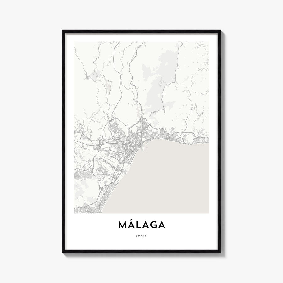 Málaga black & white map poster of Spain – vertical wall art, unframed print shown in interior mockup