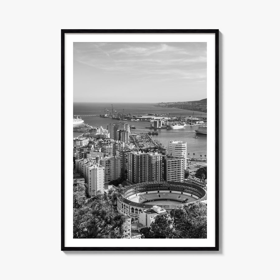 Málaga black & white photo poster of Spain – vertical wall art, unframed print shown in interior mockup