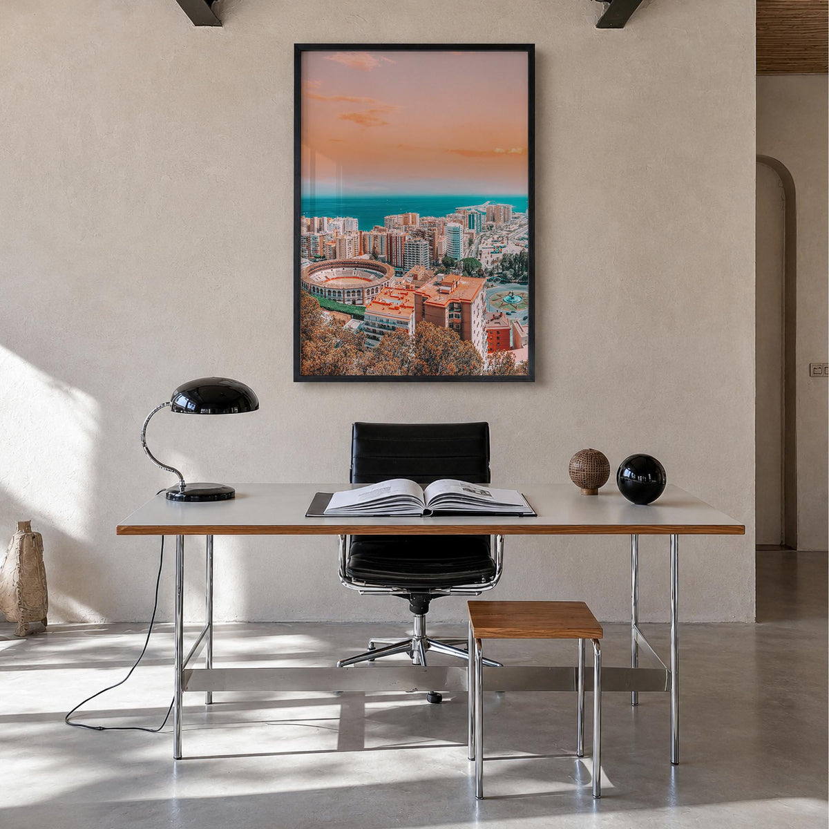 Málaga colorful photo poster of Spain – vertical wall art in black wood frame, hanging on wall