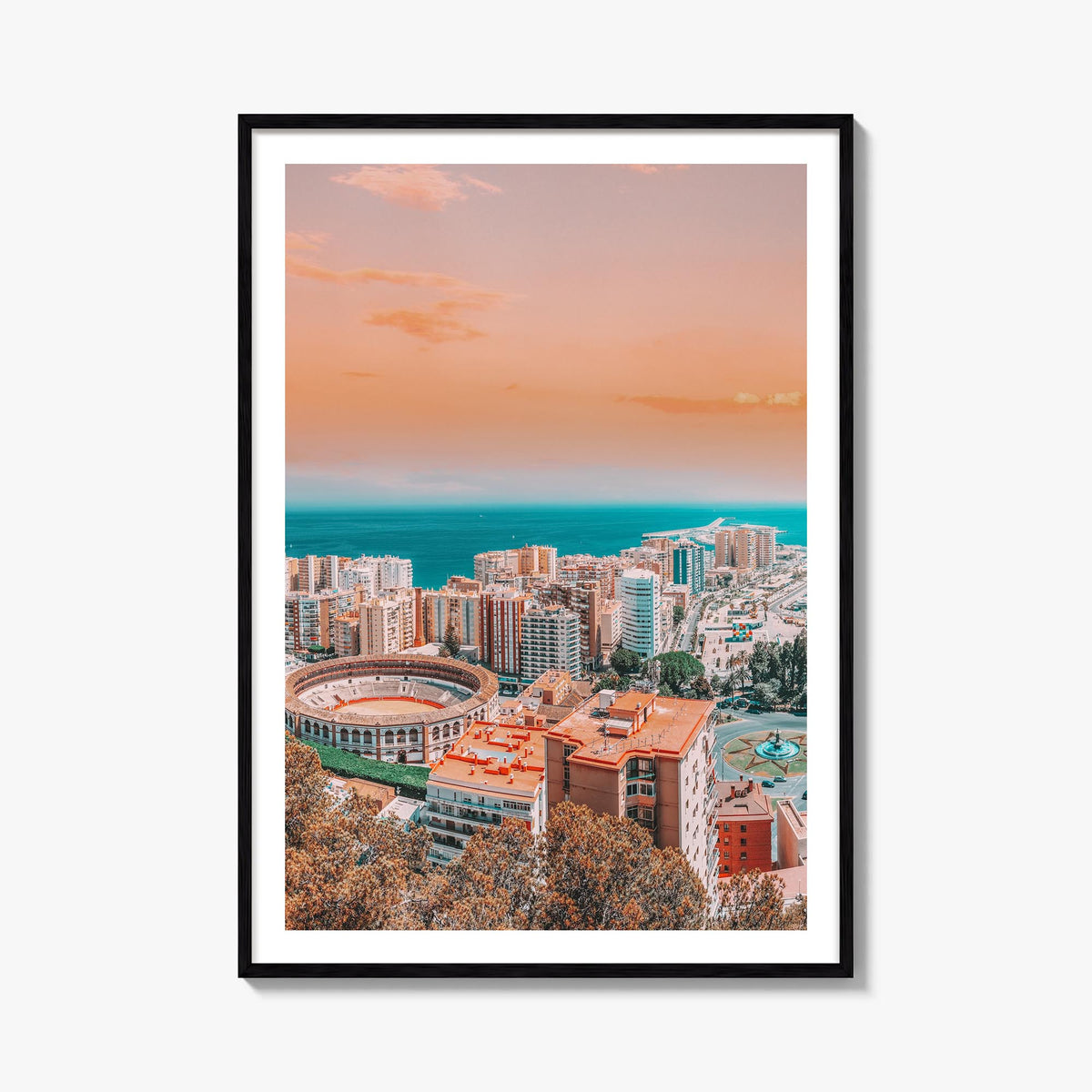 Málaga colorful photo poster of Spain – vertical wall art, unframed print shown in interior mockup