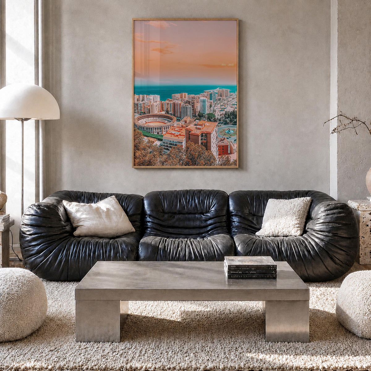 Málaga colorful photo poster of Spain – vertical wall art in natural wood frame, hanging on wall