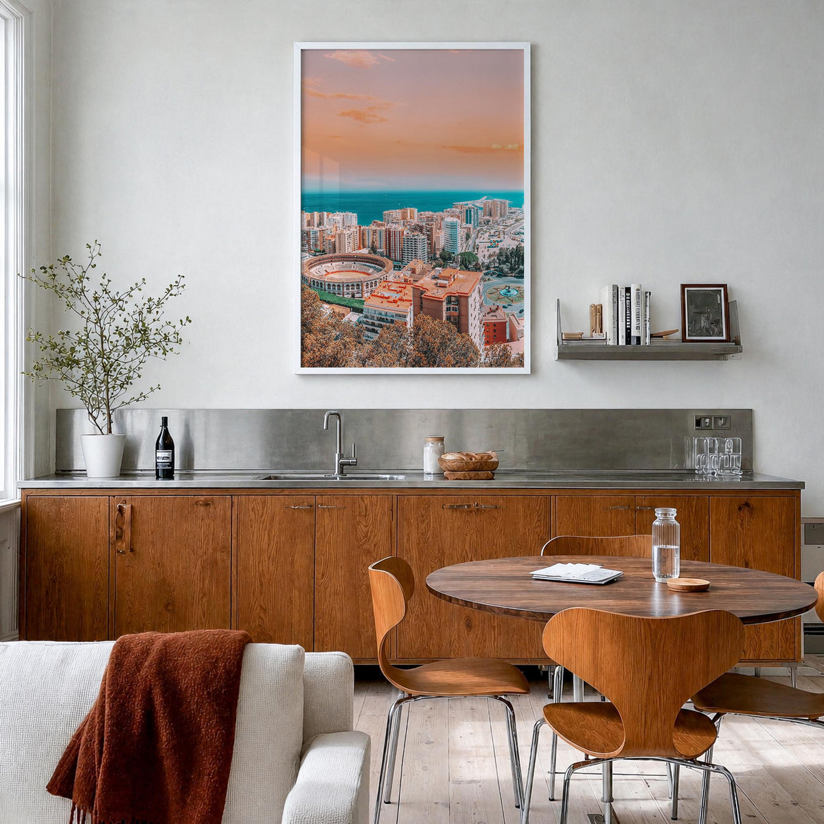 Málaga colorful photo poster of Spain – vertical wall art in white wood frame, hanging on wall