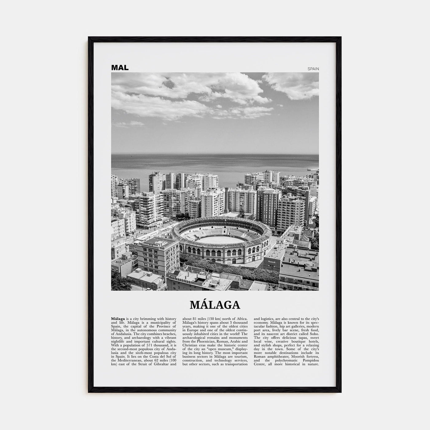 Málaga No 1 Poster Black Wood / 8x12 in Nbourhood Travel B&W Poster