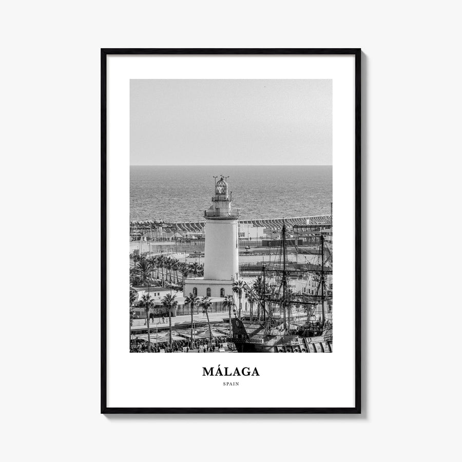 Málaga no. 2 black & white classic poster of Spain – vertical wall art, unframed print shown in interior mockup
