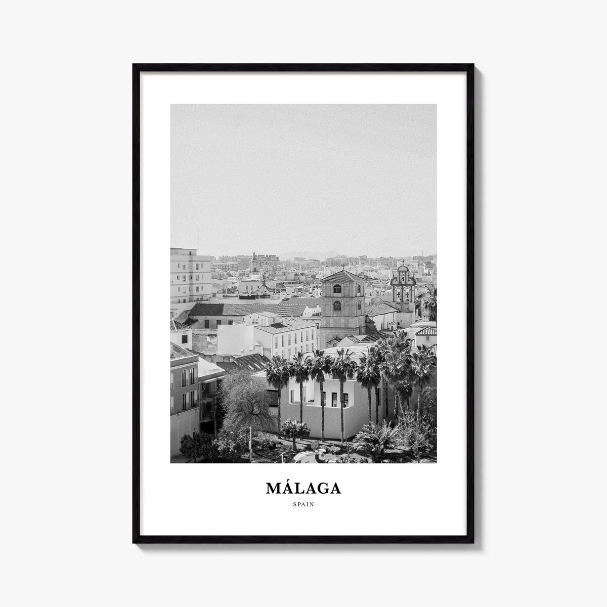 Málaga no. 3 black & white classic poster of Spain – vertical wall art, unframed print shown in interior mockup