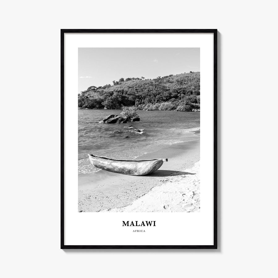 Malawi black & white classic poster of Africa – vertical wall art, unframed print shown in interior mockup