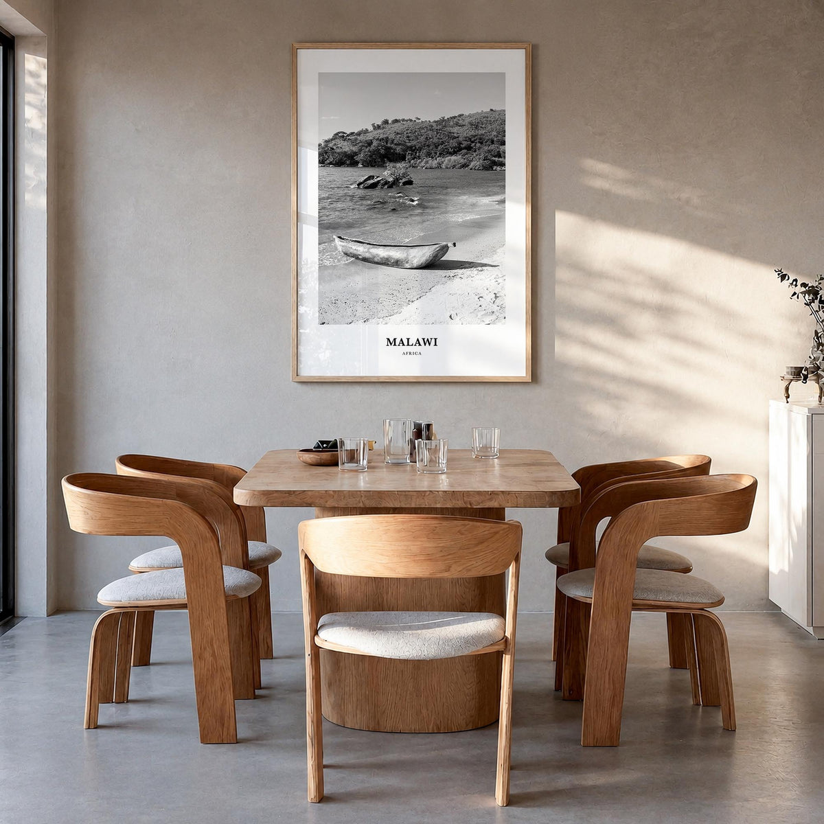Malawi black & white classic poster of Africa – vertical wall art in natural wood frame, hanging on wall