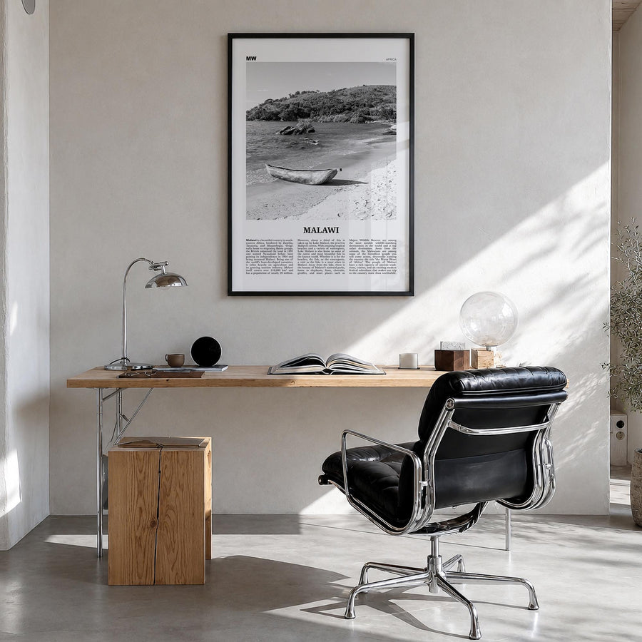 Malawi black & white newspaper poster of Africa – vertical wall art in black wood frame, hanging on wall