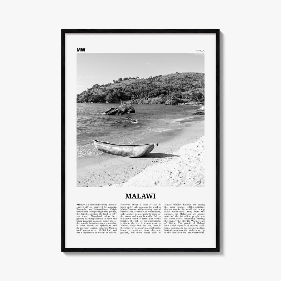 Malawi black & white newspaper poster of Africa – vertical wall art, unframed print shown in interior mockup