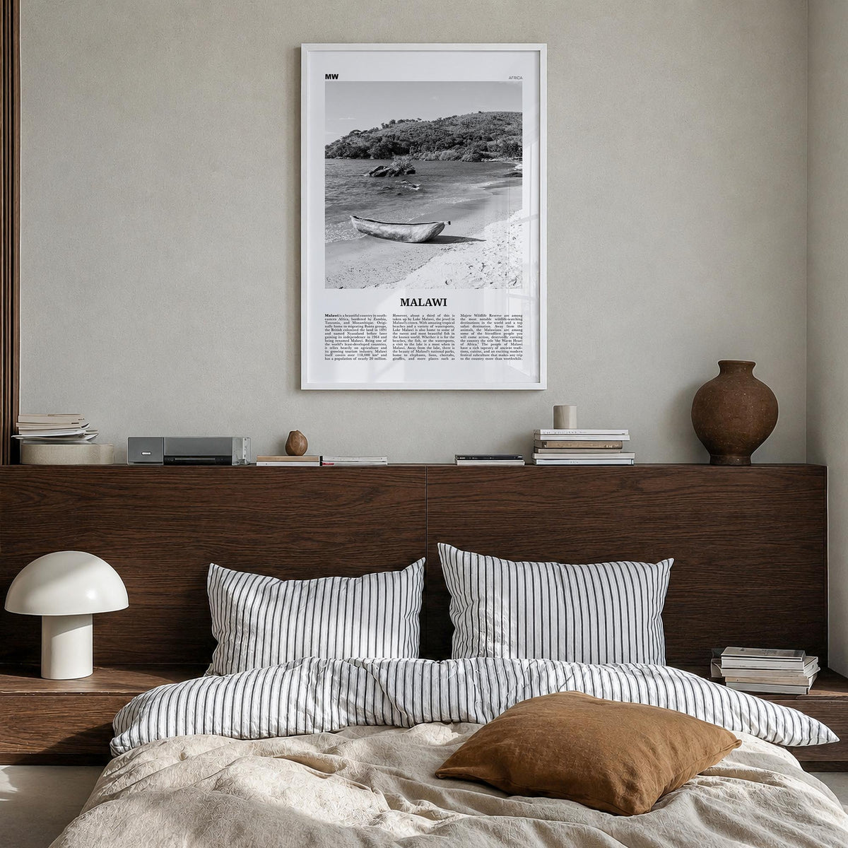 Malawi black & white newspaper poster of Africa – vertical wall art in white wood frame, hanging on wall