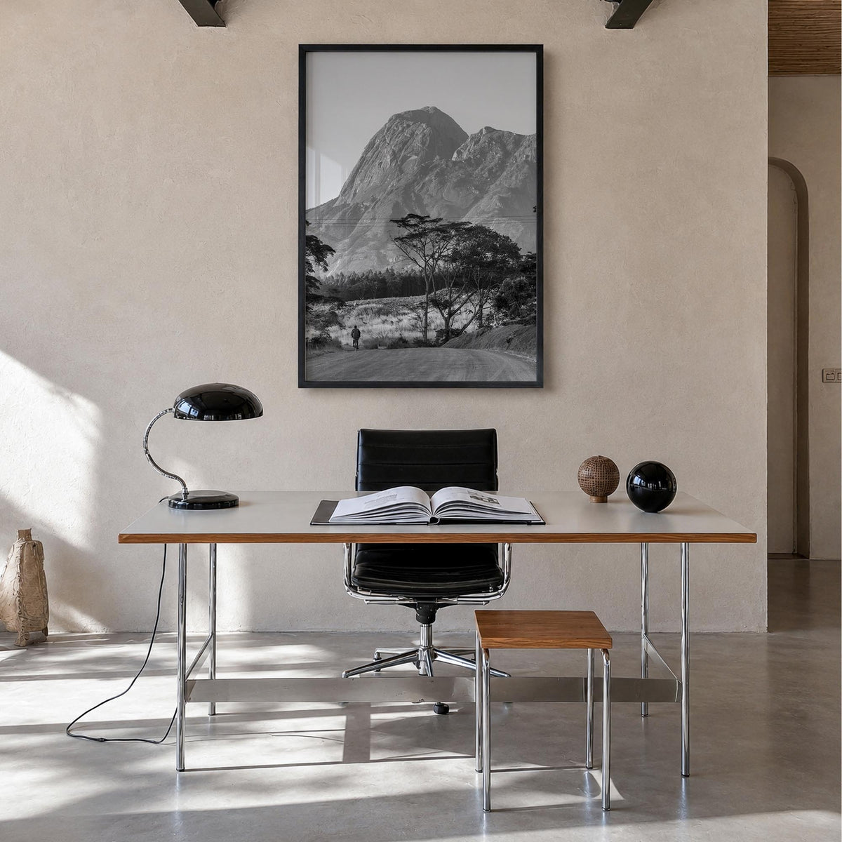Malawi black & white photo poster of Africa – vertical wall art in black wood frame, hanging on wall
