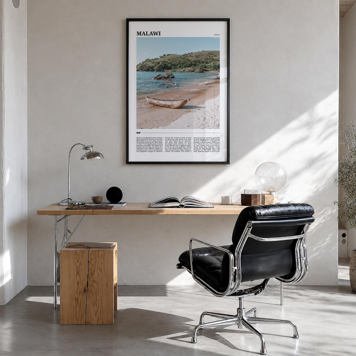 Malawi colorful travel poster of Africa – vertical wall art in black wood frame, hanging on wall