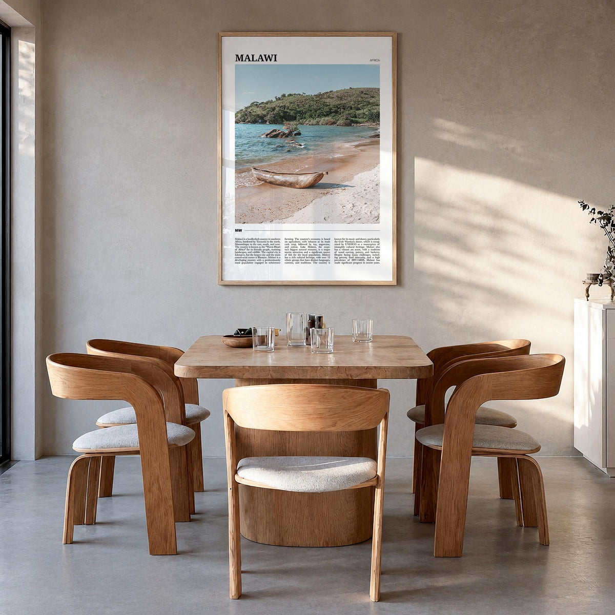 Malawi colorful travel poster of Africa – vertical wall art in natural wood frame, hanging on wall