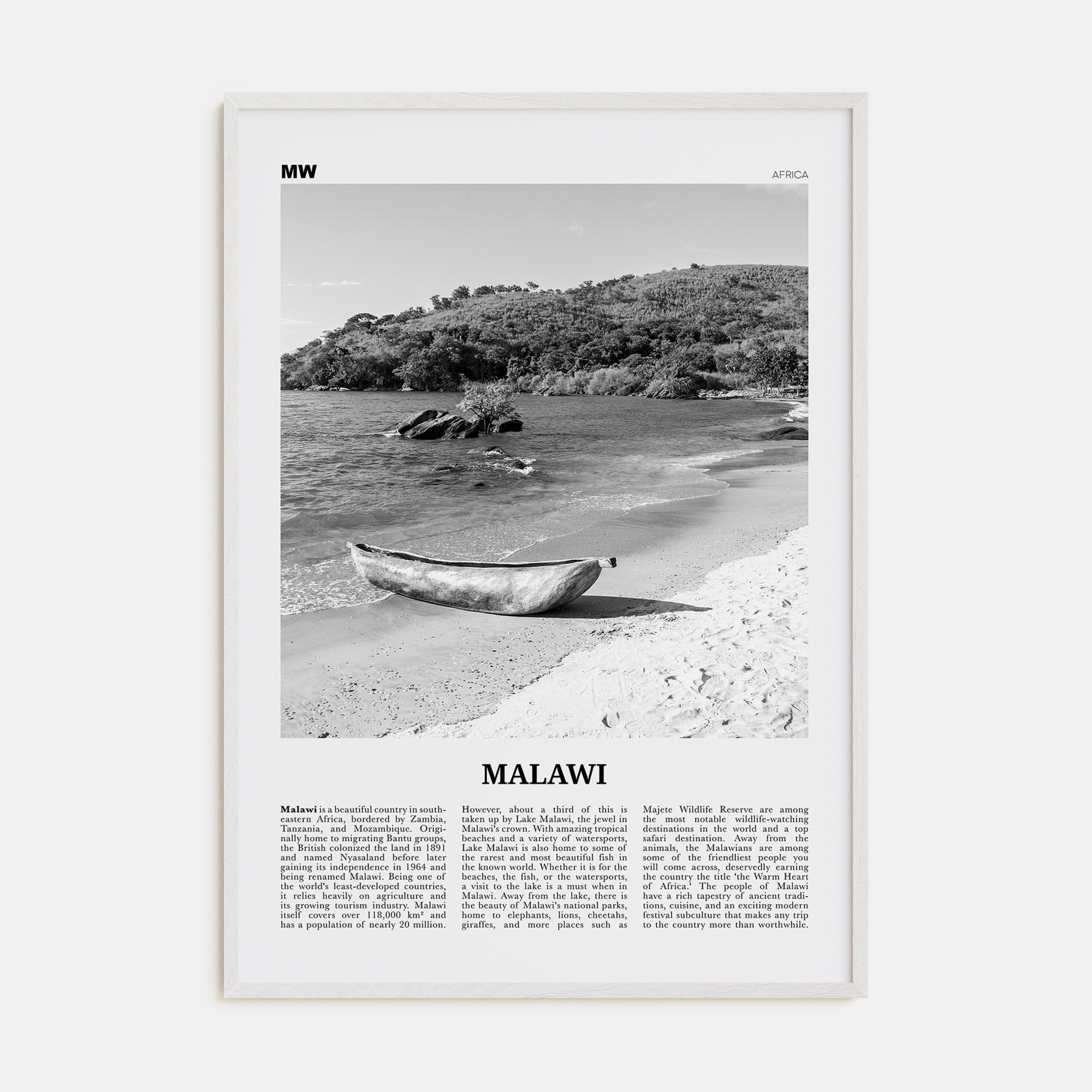 Malawi Poster White Wood / 8x12 in Nbourhood Travel B&W Poster