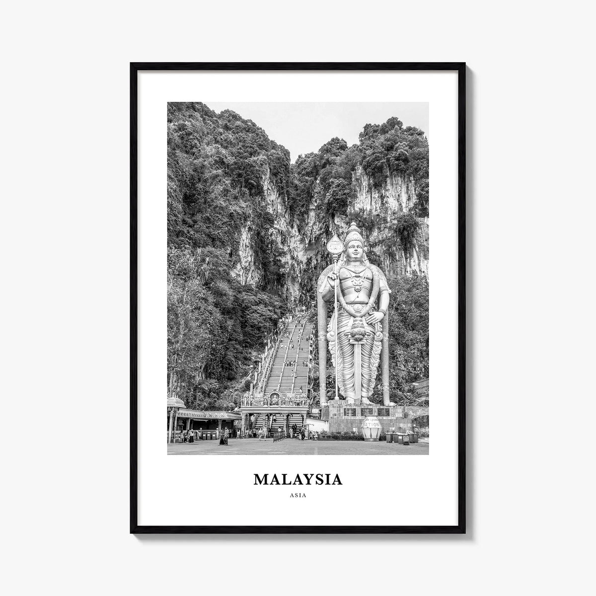 Malaysia black & white classic poster of Asia – vertical wall art, unframed print shown in interior mockup