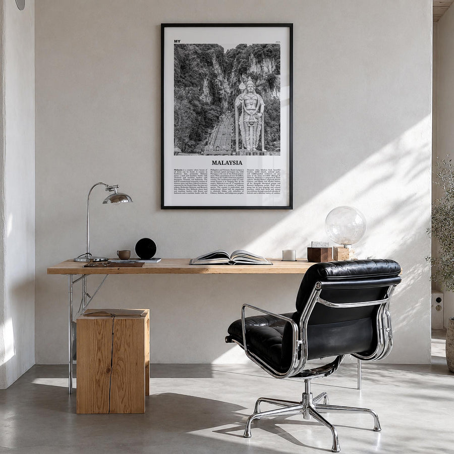 Malaysia black & white newspaper poster of Asia – vertical wall art in black wood frame, hanging on wall
