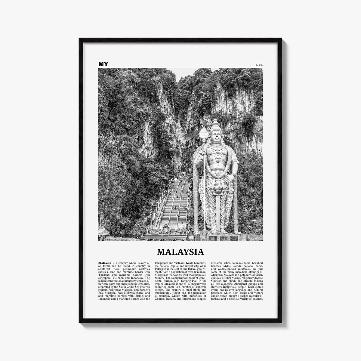 Malaysia black & white newspaper poster of Asia – vertical wall art, unframed print shown in interior mockup
